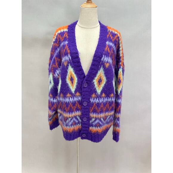 ASOS Reclaimed Vintage Oversize Purple Fair Isle Fuzzy Cardigan Unisex sz small - Picture 2 of 16